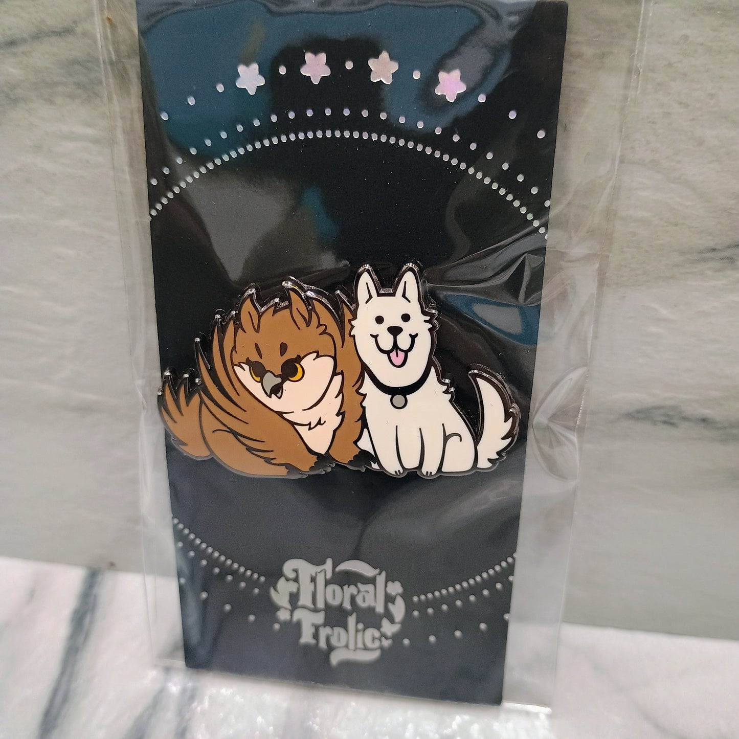 Owlbear and Scratch enamel pins