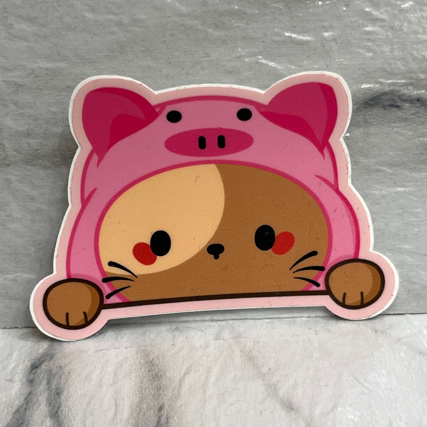 Pink Piggy Hat Brown Cat Sticker