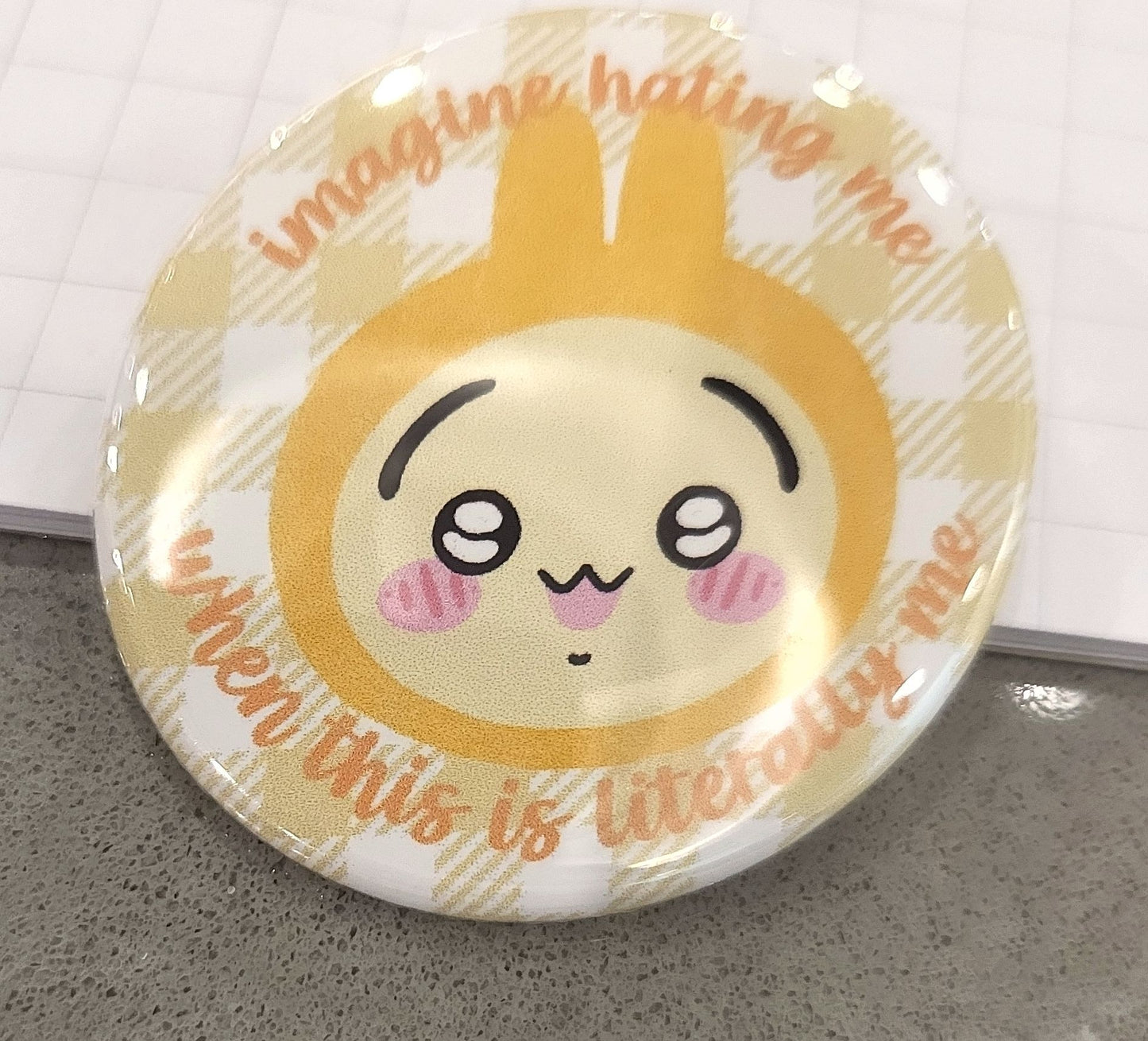 imagine hating me yellow bunny button