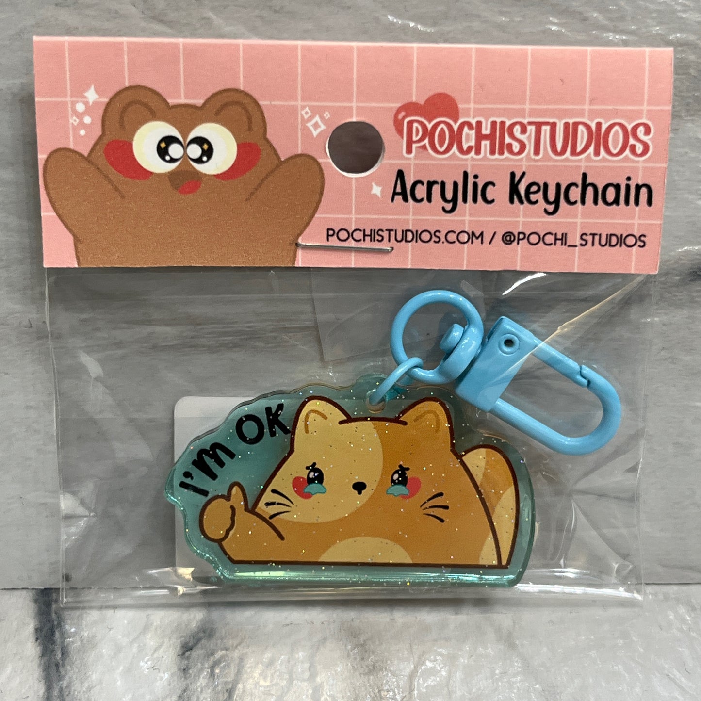 Sparkly I'm Ok Brown Cat keychain