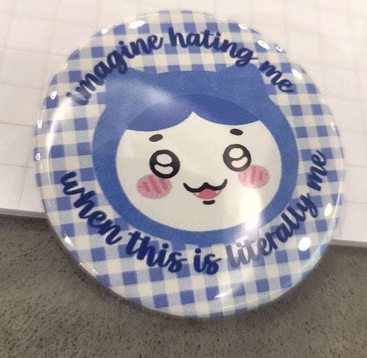 imagine hating me blue cat button