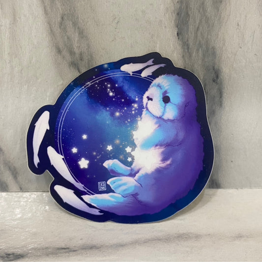 Sea Otter Galactic Matte Holo Sticker (blue w/ fish)