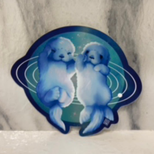 Sea Otter Cosmic Companions Matte Holo Sticker (green holding hands)