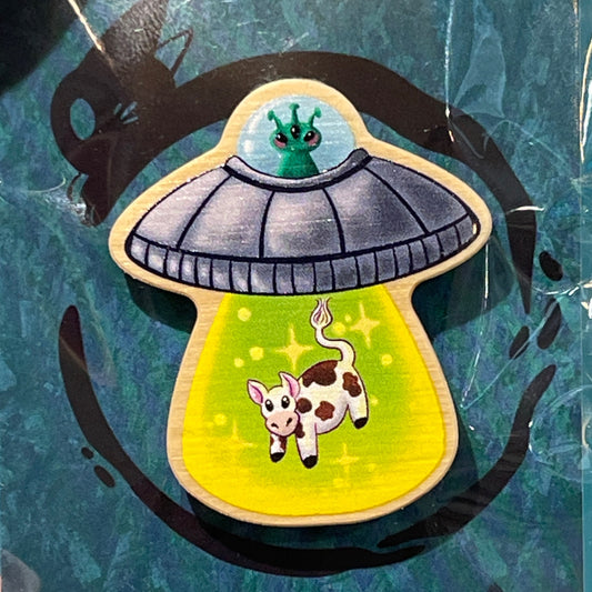 UFO Cow Wood Pin